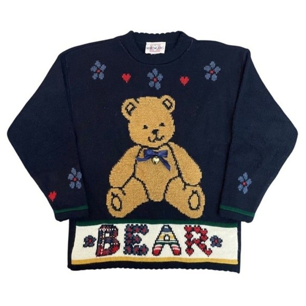 Vintage Heartworks Made in the USA Bear Floral Sweater 80’s Girls Size Medium